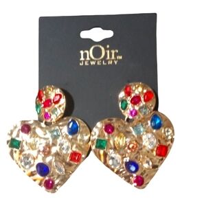nOir Jewelry Gold Heart Earrings with Colorful Stones